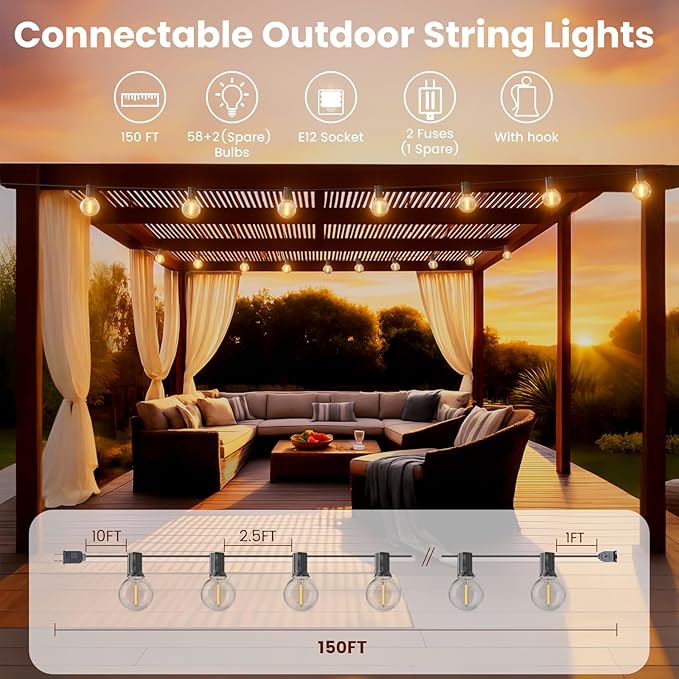 RTTY Classic Series 150FT Outdoor String Lights Pro Set with 58 G40 Bulbs - The Starter System for House Outline Lighting, Full Pergola or Pool Coverage, and Restaurant to Hotel Terrace Ambiance