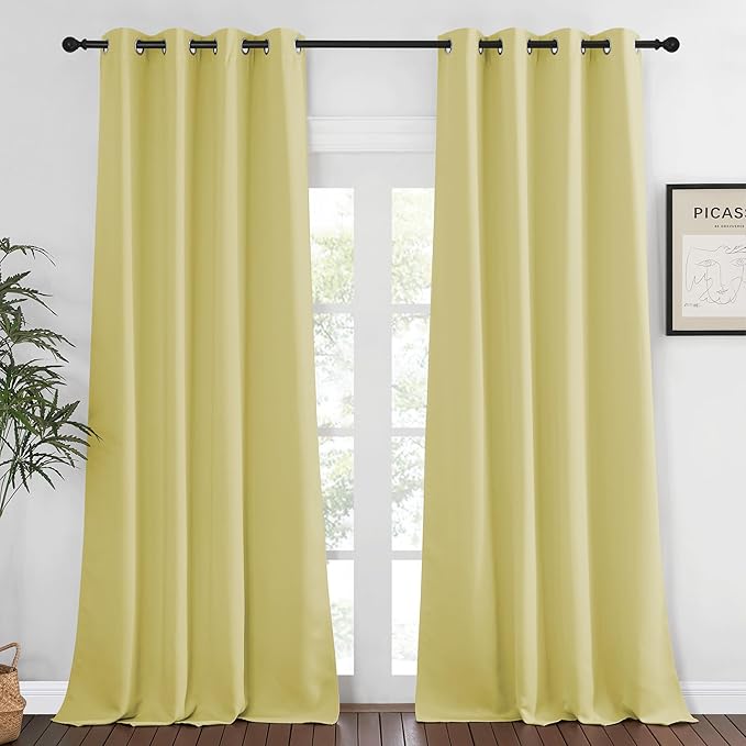 NICETOWN Blackout 108 inch Curtains for Sliding Glass Door, Grommet Thermal Insulated Room Darkening Window Treatment Sound Reducing Drapes for Room Divider, 1 Panel, W52 x L108, Paler Yellow