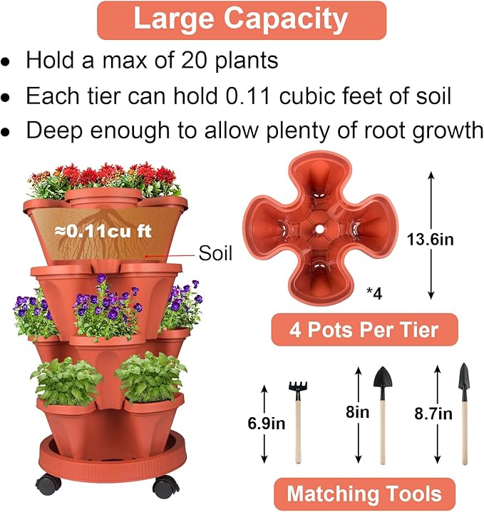 GameXcel Vertical Planter 4 Tier Stackable Planters Garden Planters Strawberry Herb Flower and Vegetable Planter Indoor Outdoor Gardening Pots with Removable Wheels and Tools
