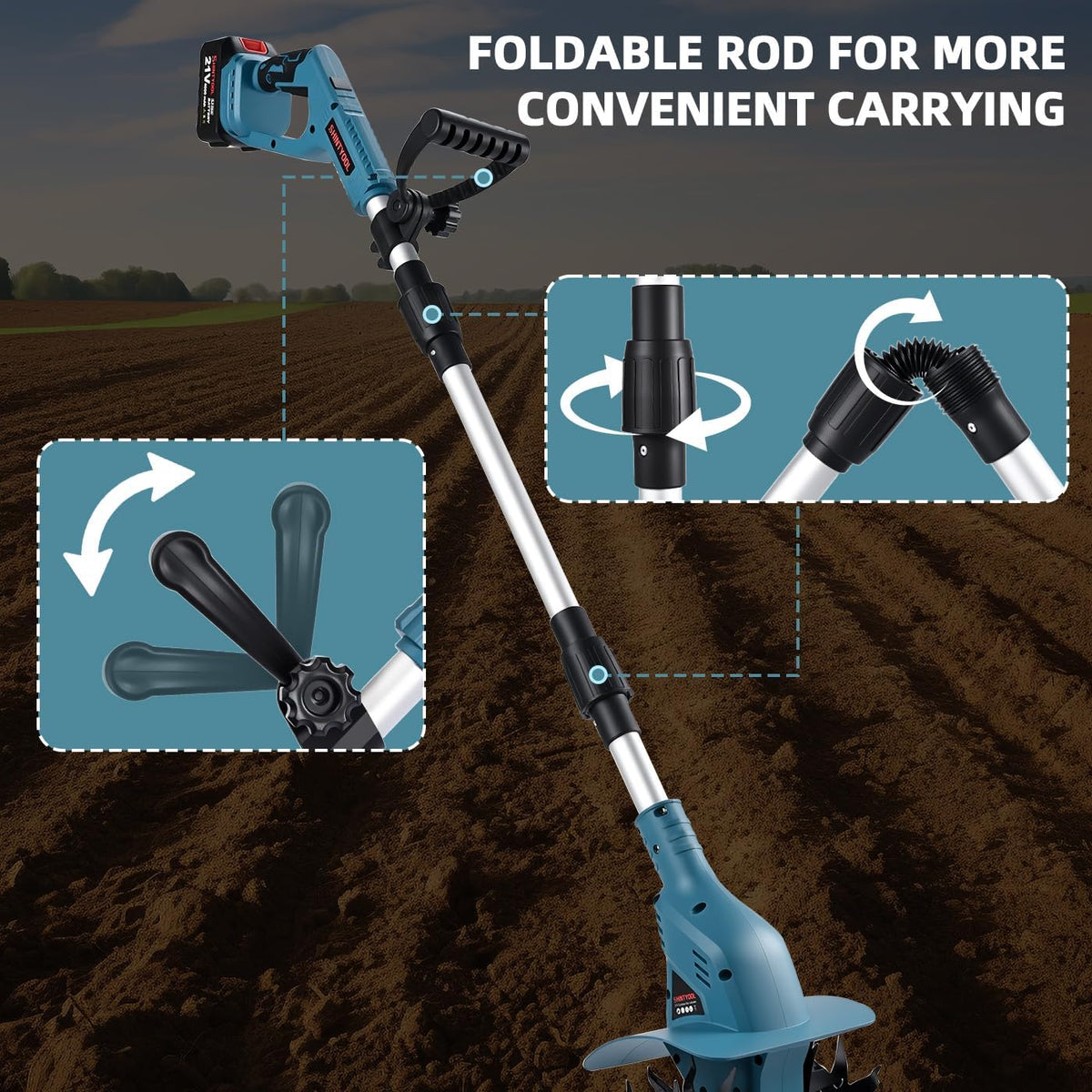 21v cordless tiller cultivator with 4.0 ah battery, side view