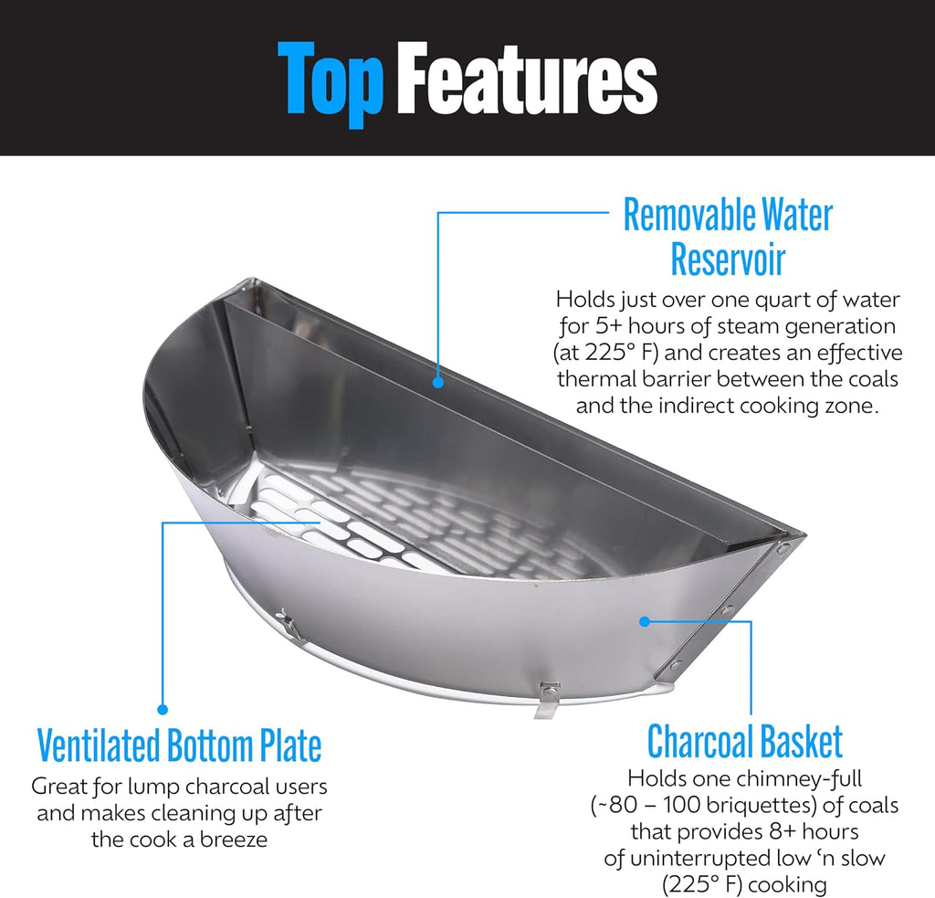 Slow 'N Sear® Deluxe Charcoal Basket Insert for 22" Weber Kettle Grills – Patented Stainless Steel Two-Zone Cooking Accessory with Removable Water Reservoir for Low & Slow Smoking and Searing