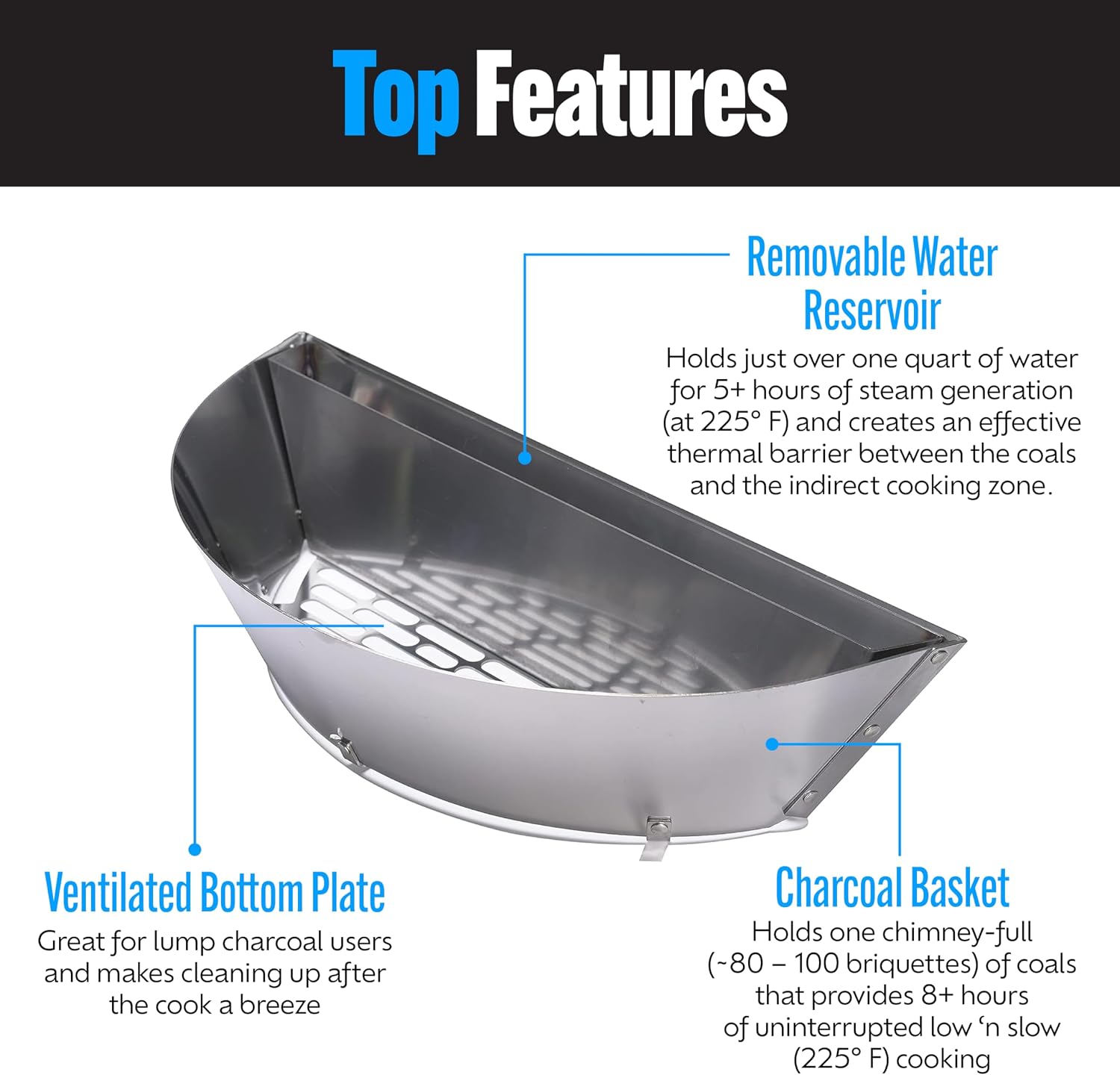 Slow 'N Sear® Deluxe Charcoal Basket Insert for 22" Weber Kettle Grills – Patented Stainless Steel Two-Zone Cooking Accessory with Removable Water Reservoir for Low & Slow Smoking and Searing