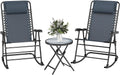Outsunny 3 Piece Outdoor Rocking Bistro Set, Patio Folding Chair Table Set with Glass Coffee Table for Yard, Patio, Deck, Backyard, Grey