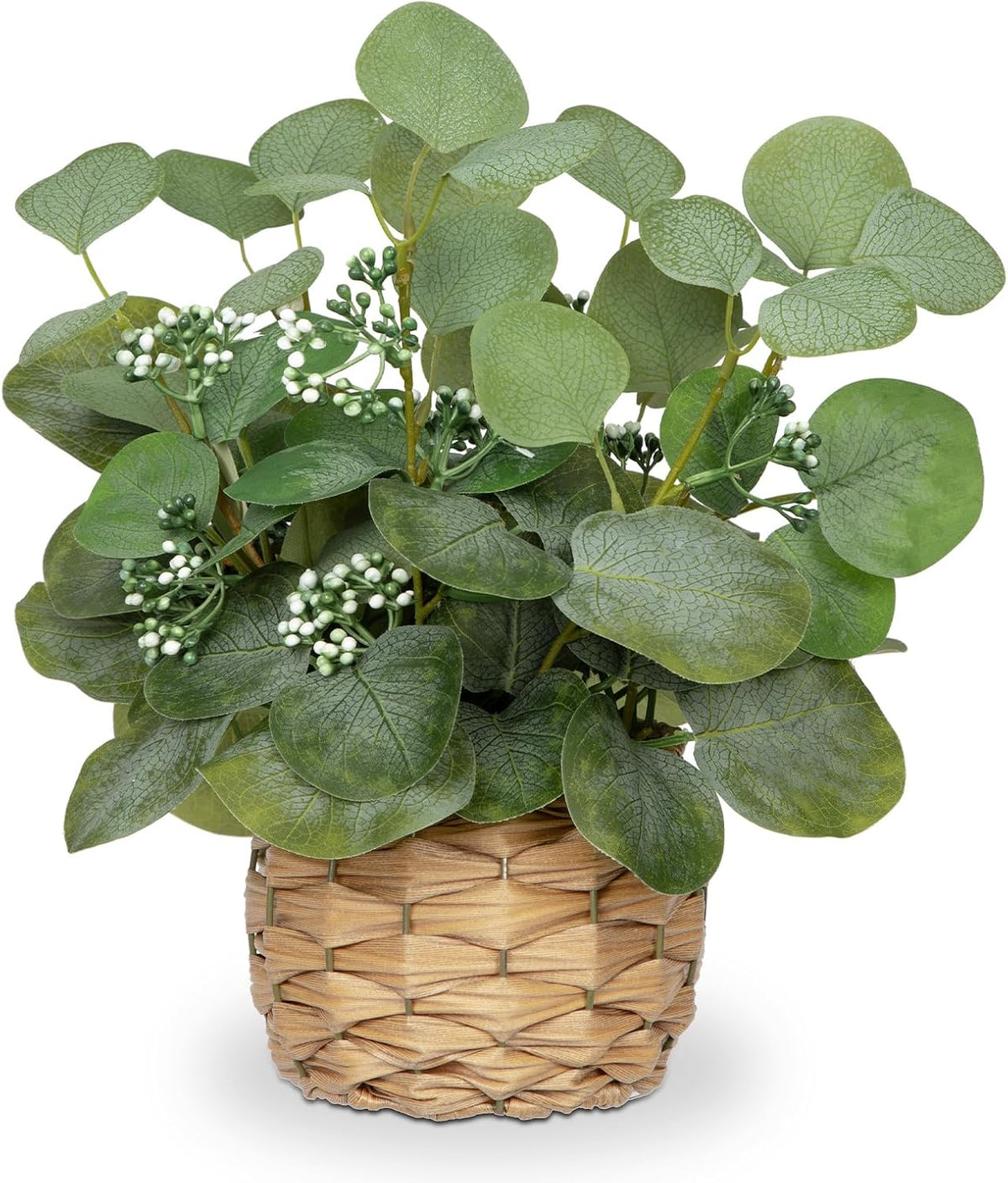 dilatata artificial eucalyptus stems in woven basket planter, main product view