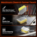 Grill Brush for Outdoor Grill, Bristle Free Grill Brush with Scraper, Safe Steam Grill Cleaner for BBQ & Griddle, Long Rosewood Handle Reaches Corners, for Cast Iron & Stainless Steel Grates