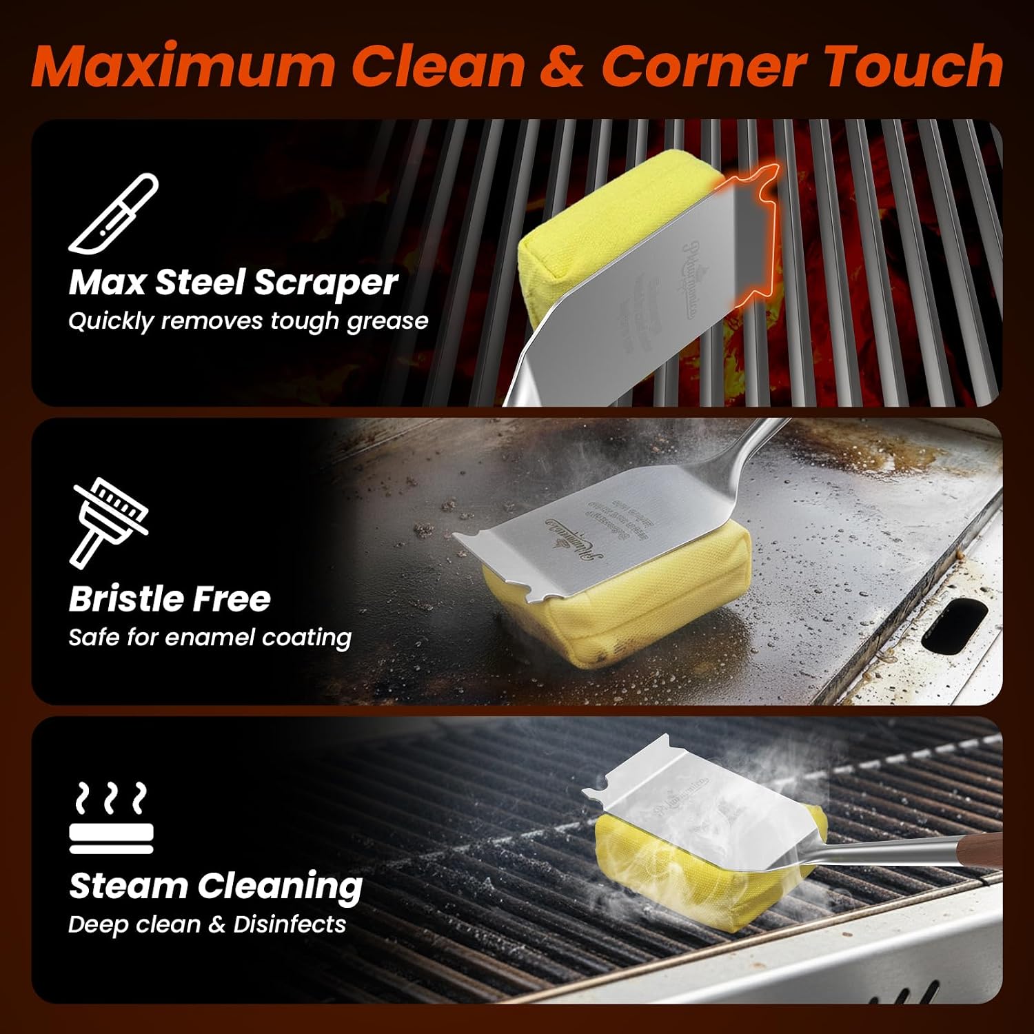 Grill Brush for Outdoor Grill, Bristle Free Grill Brush with Scraper, Safe Steam Grill Cleaner for BBQ & Griddle, Long Rosewood Handle Reaches Corners, for Cast Iron & Stainless Steel Grates