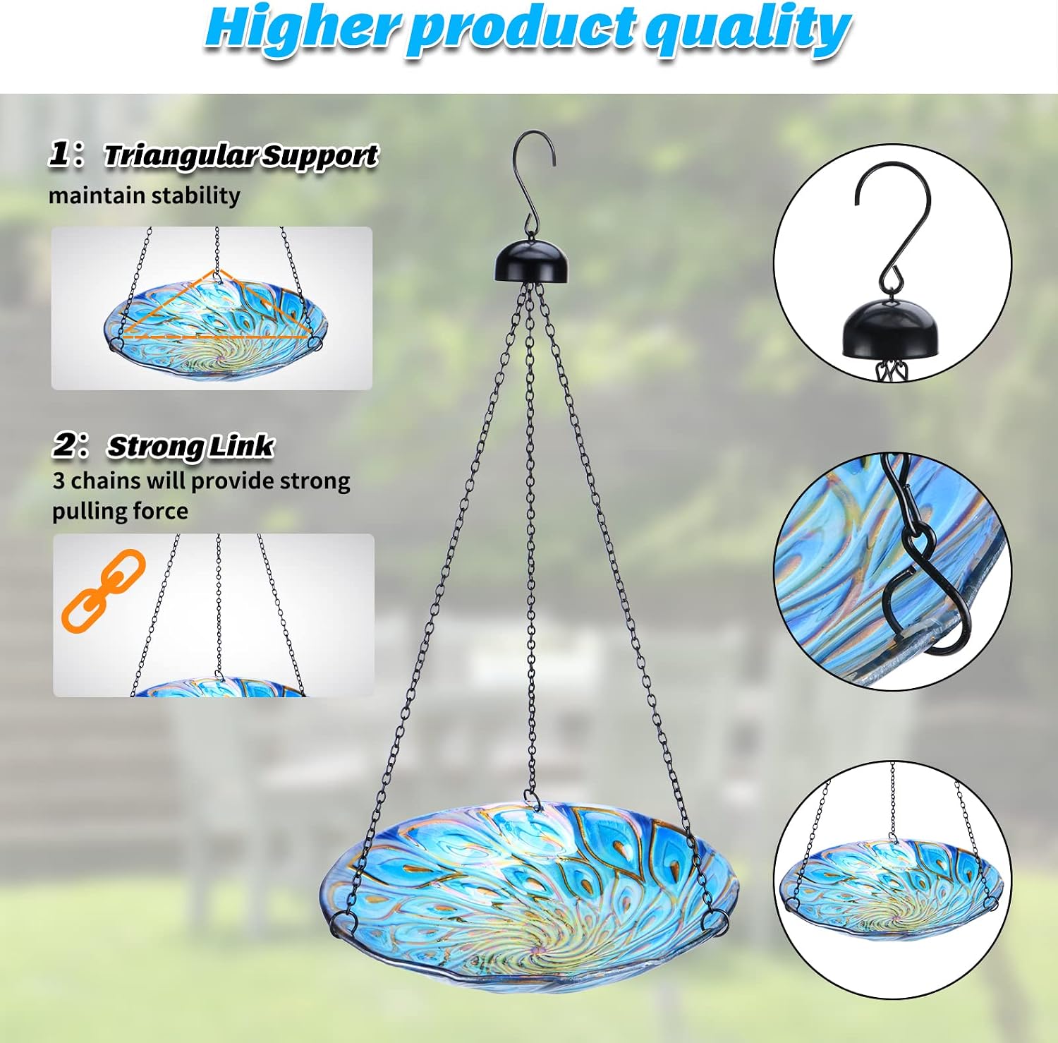 Hanging Glass Bird Bath Peacock Outdoor Birdfeeder Garden Yard Decor | 11-inch Hanging glass bird bath for outdoor bird drinking and bathing creating a beautiful backyard wildlife habitat