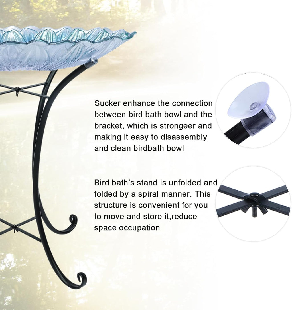 MUMTOP Outdoor Glass Bird Bath with Metal Stand for Yard Garden Decor, Blue | 18 Inch Diameter 21 Inch Height Outdoor Large Blue Flower Bird Baths Bowl for Backyard Lawn Garden Decoration