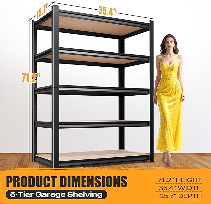 71.2" H Garage Shelving Heavy Duty Storage Shelves, Metal Adjustable Shelving Unit, Utility Garage Organizer Shelf for Basement, Pantry, Kitchen, Warehouse,15.7" Dx35.4 Wx71.2 H Black