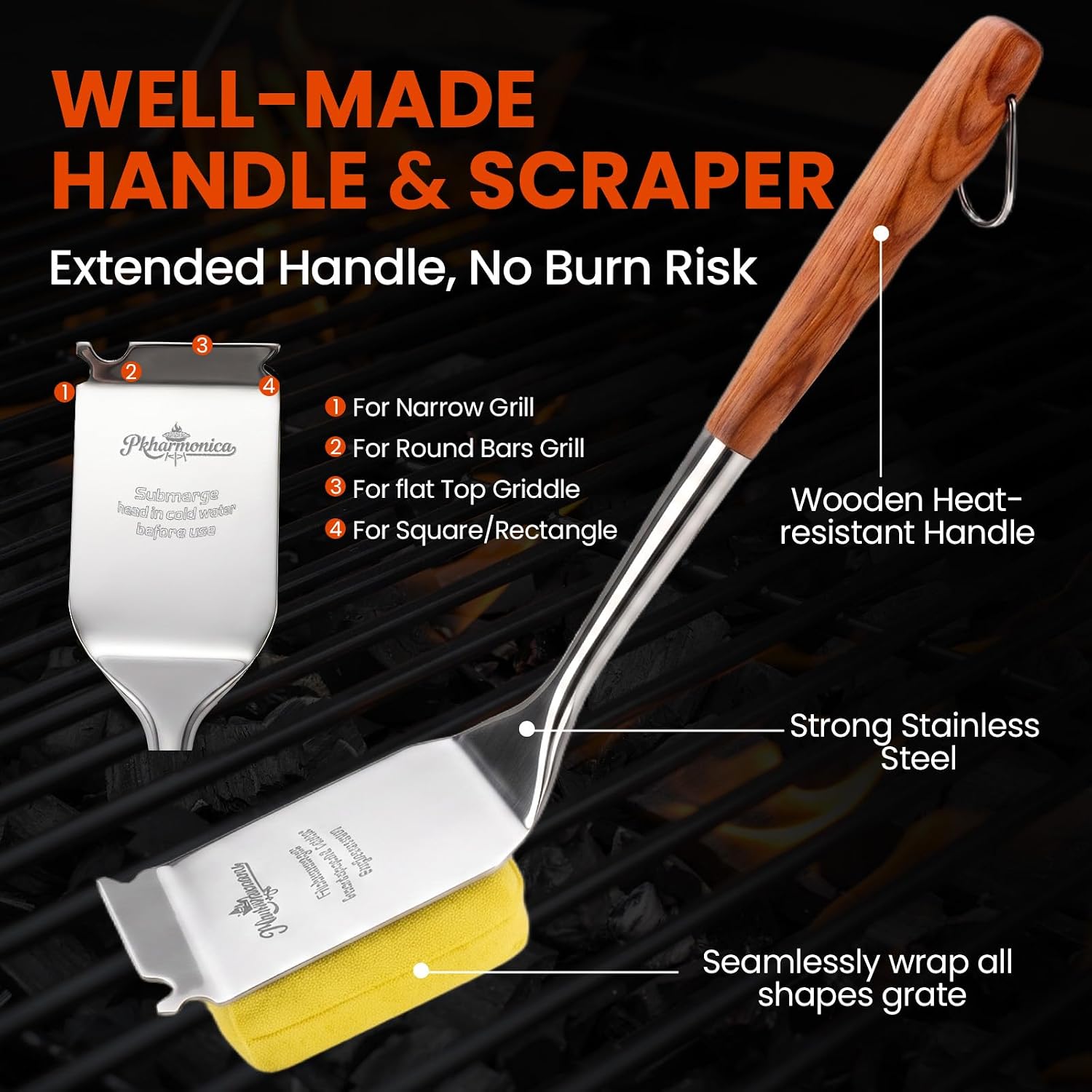 Grill Brush for Outdoor Grill, Bristle Free Grill Brush with Scraper | Safe Steam Grill Cleaner for BBQ&Griddle, Long Rosewood Handle Reaches Corners,for Porcelain,Cast Iron&Stainless Steel Grates