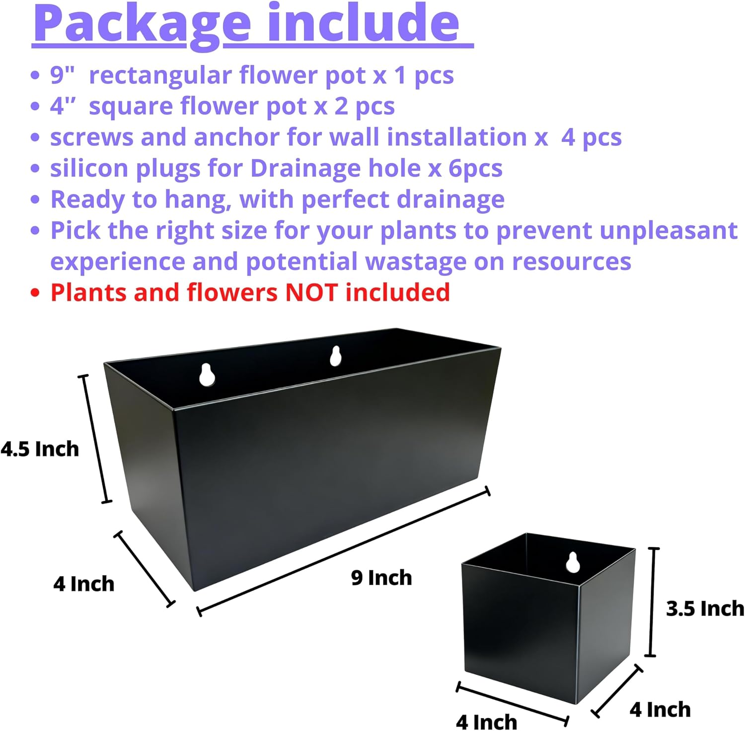 LaLaGreen Wall Planters (3-Pack Set) Rectangular Wall Mounted Hanging Flower Boxes for Indoor Plants, Black Carbon Steel Metal Windox Box Planter Plant Modern Balcony Windowsill Herb Home Garden Decor