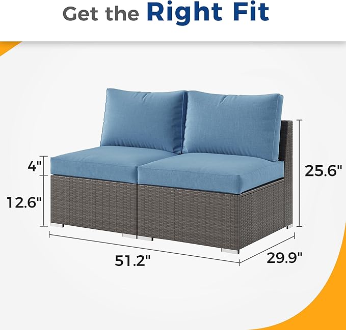 Wisteria Lane 2 Piece Patio Armless Sofa, Outdoor Wicker Sectional Furniture with Cushion, Additional Loveseats for Garden Backyard, Blue