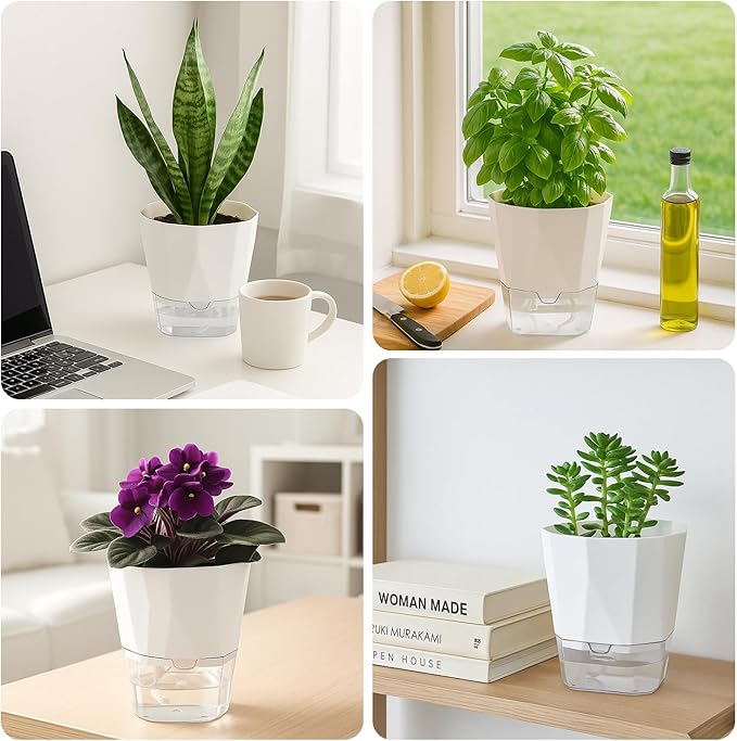 12 Pack Self Watering Pots for Indoor Plants, 5 Inches Self Watering Planters Small African Violet Self Watering Clear Pots for Plants Herb Orchid Flower Houseplant Pots, White