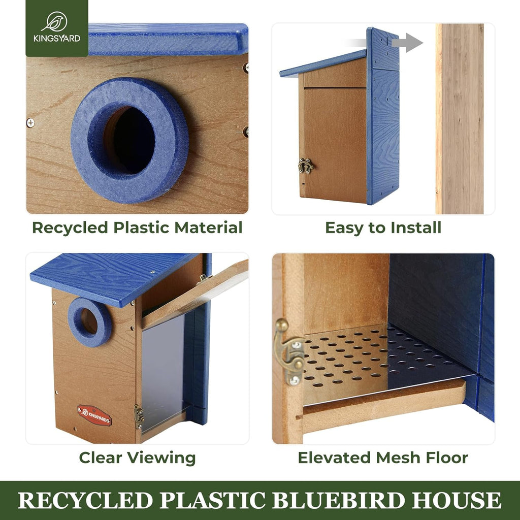 Kingyard Bluebird House, Outdoor Bird House with Predator Guard | Recycled poly lumber nesting box with a 1.5-inch entrance hole, clear viewing panel, bottom ventilation holes