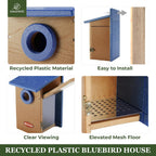 Kingyard Bluebird House, Outdoor Bird House with Predator Guard | Recycled poly lumber nesting box with a 1.5-inch entrance hole, clear viewing panel, bottom ventilation holes