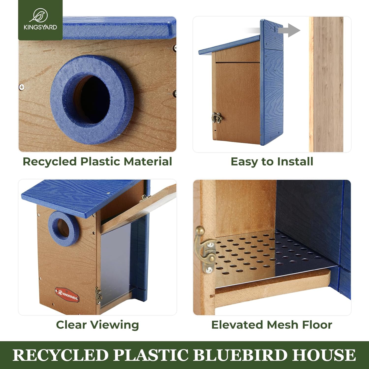 Kingyard Bluebird House, Outdoor Bird House with Predator Guard | Recycled poly lumber nesting box with a 1.5-inch entrance hole, clear viewing panel, bottom ventilation holes
