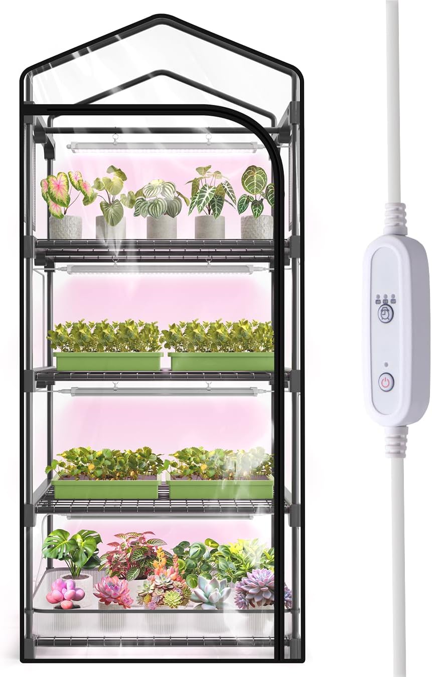 indoor greenhouse with grow light, 4-tier plant stand, main product view