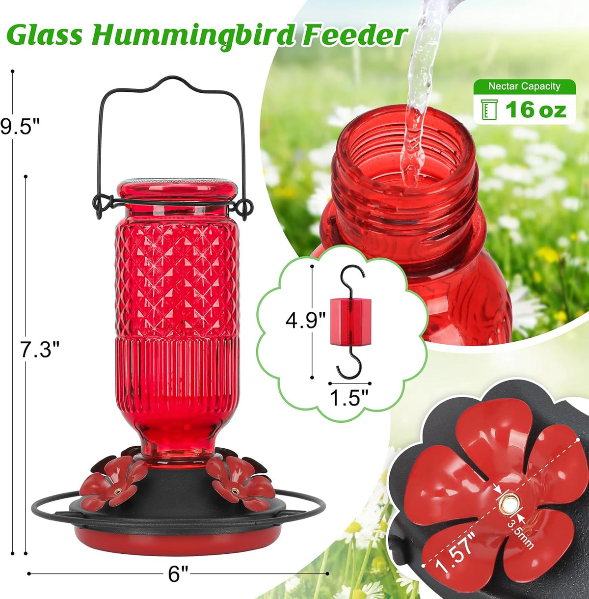 feed garden glass hummingbird feeder for outdoors, leak-resistant shown in use