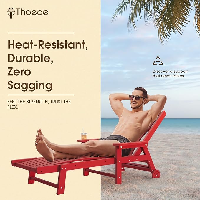 Patio Chaise Lounge Chair Set of 4, Oversized Lounge Chair Outdoor with 5 Positions, HDPE, Patio Lounge Chair with Wheels & Cup Holder for Pool, Deck, Poolside,Red