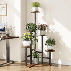 Corner Plant Stand Indoor with Grow Lights, 6 Tiered Corner Plant Shelf Flower Stand for Multiple Plants, Plant Shelves Organizer Rack for Living Room, Balcony, Patio, Round Rustic Brown