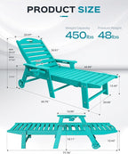 Outdoor Lounge Chair Set of 4, All Weather Patio Chaise Lounge Chair for Outside, HDPE Chair with Rolling Wheels & Cup Holder, 5 Position, Deck, Pool, Lake Blue