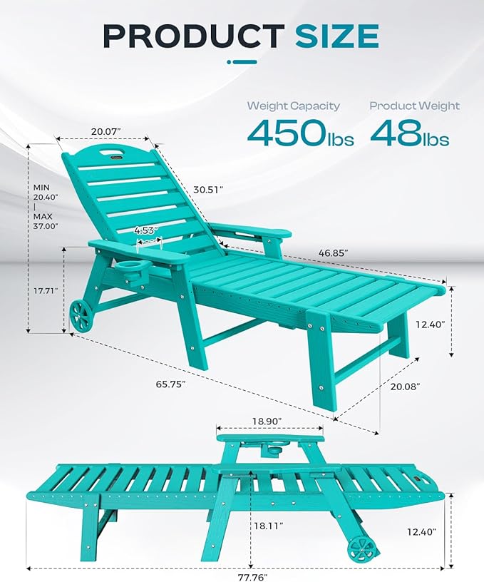 Outdoor Lounge Chair Set of 4, All Weather Patio Chaise Lounge Chair for Outside, HDPE Chair with Rolling Wheels & Cup Holder, 5 Position, Deck, Pool, Lake Blue