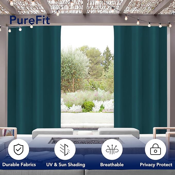 PureFit Outdoor Curtains for Patio Waterproof Weatherproof, UV Resistant Outside Curtains for Gazebo, Front Porch, Pergola, Sun Blocking Privacy Curtain, 52W x 108L inch, 1 Panel, Teal