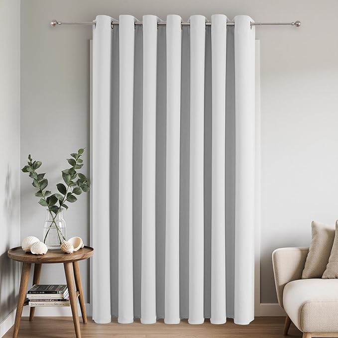 Joydeco Blackout Patio Sliding Door Curtains 108 Inches Long, Grommet Privacy Room Divider Curtains, Extra Wide Thermal Blackout Drapes for Bedroom Living Room (Greyish White 100Wx108L, 1 Panel)