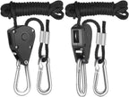 1/8Inch Heavy Duty Adjustable Rope Clip Hanger Reinforced Metal Internal Gears for Growing Light Fixtures,Various Tie-Down Uses,Loose-Proof Design,8ft Long,150lbs Weight Capacity,Black,1Pair