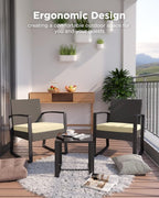 3 Pieces Porch Furniture Set Patio Rocking Bistro Set Outdoor Patio Chairs Rattan Conversation Sets with Coffee Table for Front Porch Garden Balcony Backyard Poolside (Beige Cushion)
