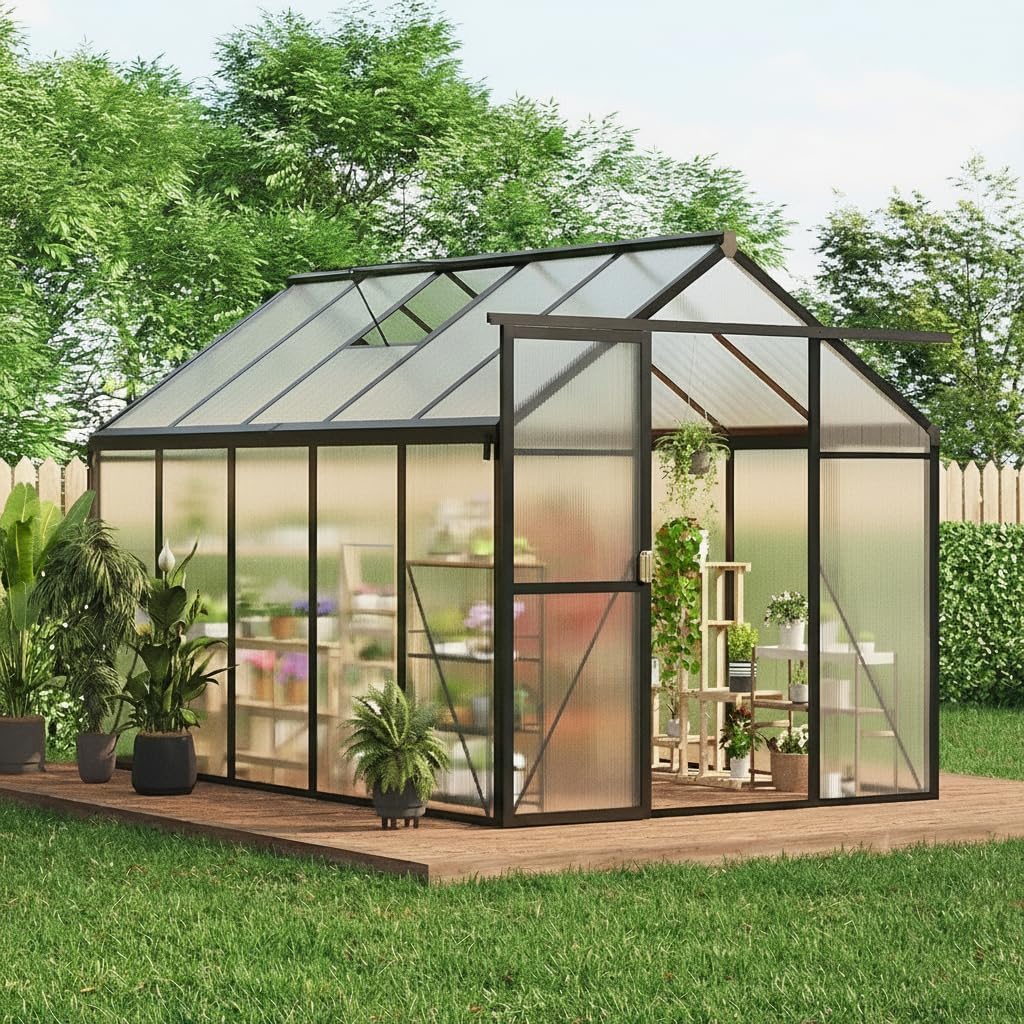 6x10 ft greenhouse, easy assembly aluminum polycarbonate greenhouses shown in use