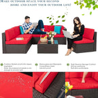 Vongrasig 7 Pieces Patio Furniture Sets, Outdoor Modular Sectional Sofa Patio Conversation Set PE Rattan Wicker Sectional Couch with Cushion, Glass Table for Patio, Garden, Poolside, Red