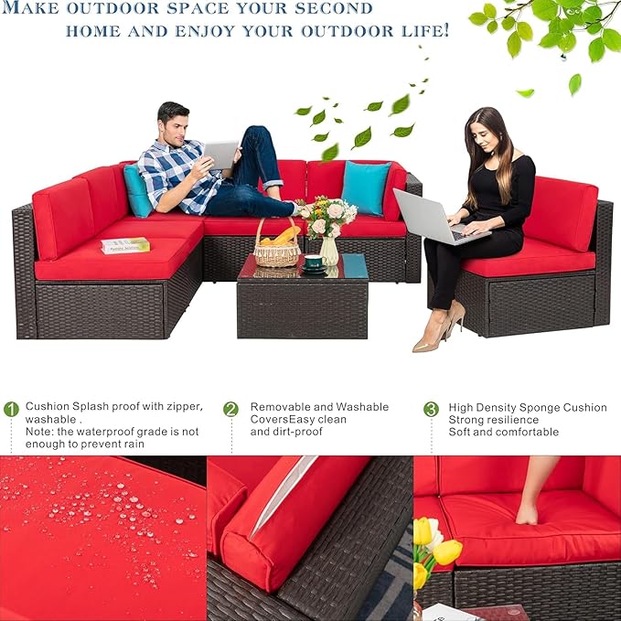 Vongrasig 7 Pieces Patio Furniture Sets, Outdoor Modular Sectional Sofa Patio Conversation Set PE Rattan Wicker Sectional Couch with Cushion, Glass Table for Patio, Garden, Poolside, Red