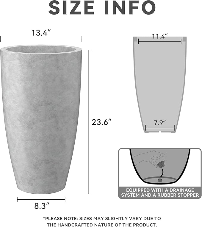 Kante 23.6" H Natural Concrete Finish Concrete Tall Planters Large Outdoor Indoor Decorative Plant Pots with Drainage Hole and Rubber Plug, Modern Tapered Style for Home and Garden