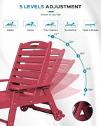 Ciokea Lounge Chair Outdoor, Oversized Chaise Lounge Chair with 5 Positions, HDPE, Patio Lounge Chair with Wheels & Cup Holder for Pool, Deck, Poolside, Red