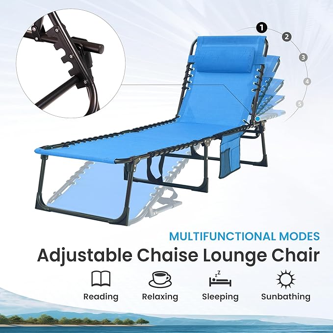 Folding Chaise Lounge Chair 2 Pack - 400lb Capacity, 5-Position Adjustable Recliner with Pillow | Portable for Patio, Pool, Camping & Sunbathing (Blue)