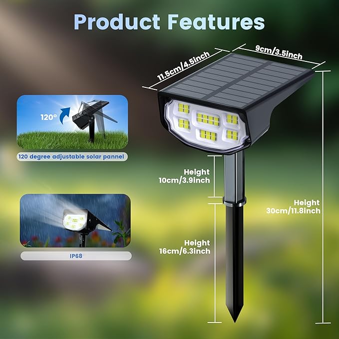 Solar Spot Lights Outdoor IP68 Waterproof, Ultra-Bright Performance，Simple Modes for Easier Operation, Auto On/Off，Solar Powered Landscape Lights for Garden, Yard, Pathway (Cool White, 6 Pack)