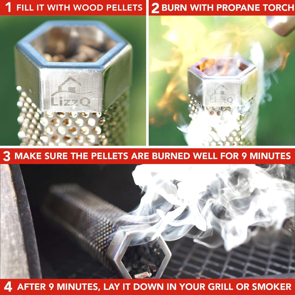 Premium Pellet Smoker Tube 12 inches - 5 Hours of Billowing Smoke | for Any Grill or Smoker, Hot or Cold Smoking, Stainless Steel 304, Silicone Oven Mitt (Set of 1) & Basting Brush, Free eBook