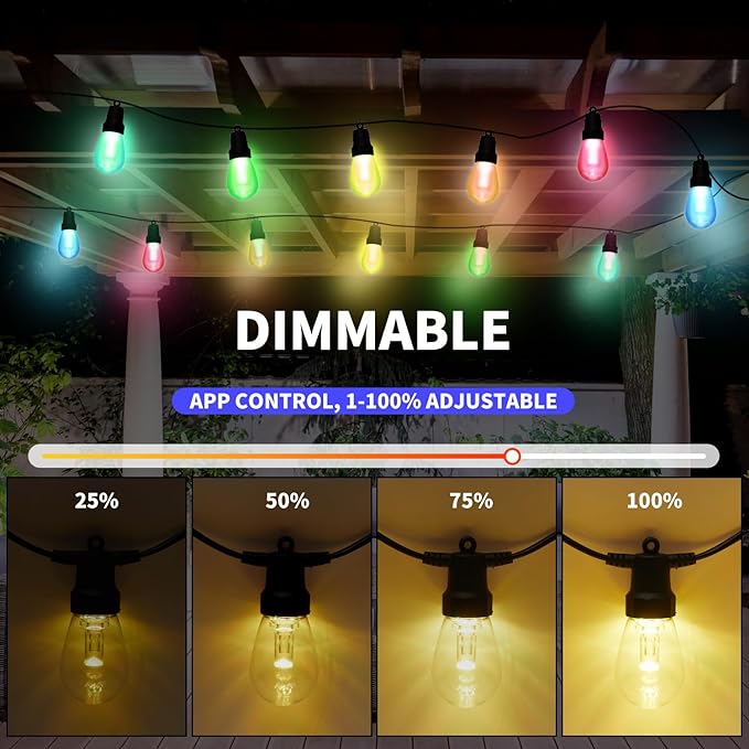 Outdoor String Lights 27FT, Outdoor Lights for Patio with 10 Dimmable RGBW LED Bulbs, IP66 Waterproof Shatterproof, with APP Control & Remote, 24V Adapter Color Change,for Backyard Decor