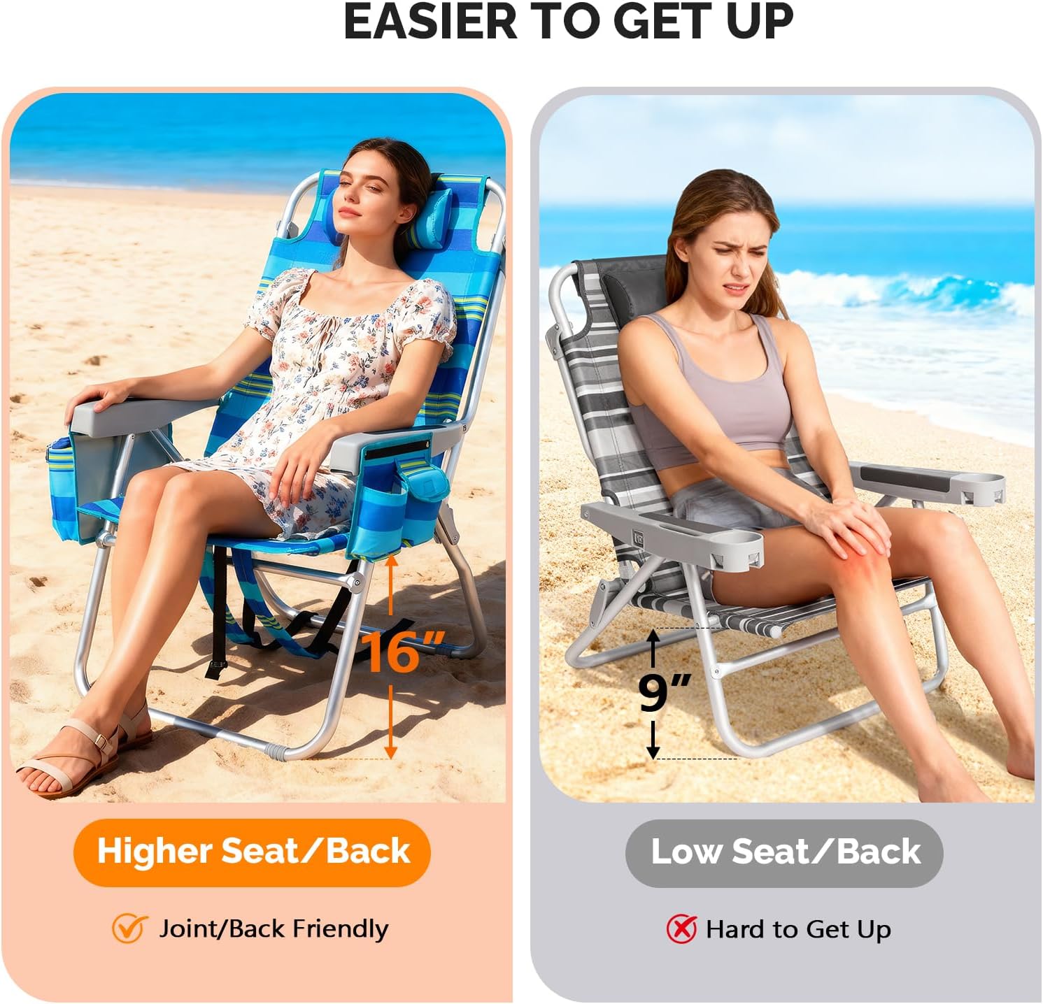16" Tall Beach Chairs for Adults,2-Pack Lightweight Backpack Chair with 5-Position,Cooler Bag,Cup Holder,Towel Rack，Suitable for Camping Pool Patio Lawn Outdoor Travel