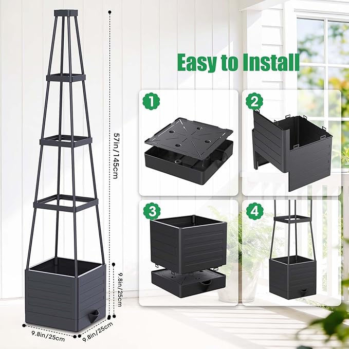 4 Pack Raised Garden Bed Planter Box with Trellis, 57" Self-Watering Tomato Cage Planters for Climbing Plants Vegetable Vine Flowers Outdoor & Indoor (57x9.8x9.8IN)