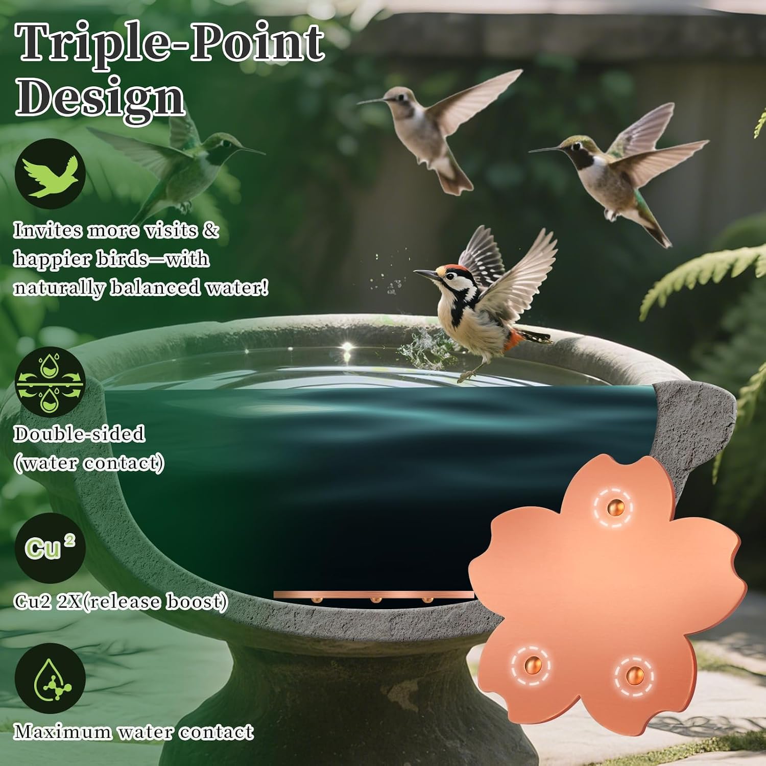 Bird Bath Copper Disk, 1pcs Flower Shaped 99.99% Pure Copper Cleaning Disc Plate for Physical Safe Water Purification All-Season for Outdoor Wildlife Bird Bowls Birdbaths Solar
