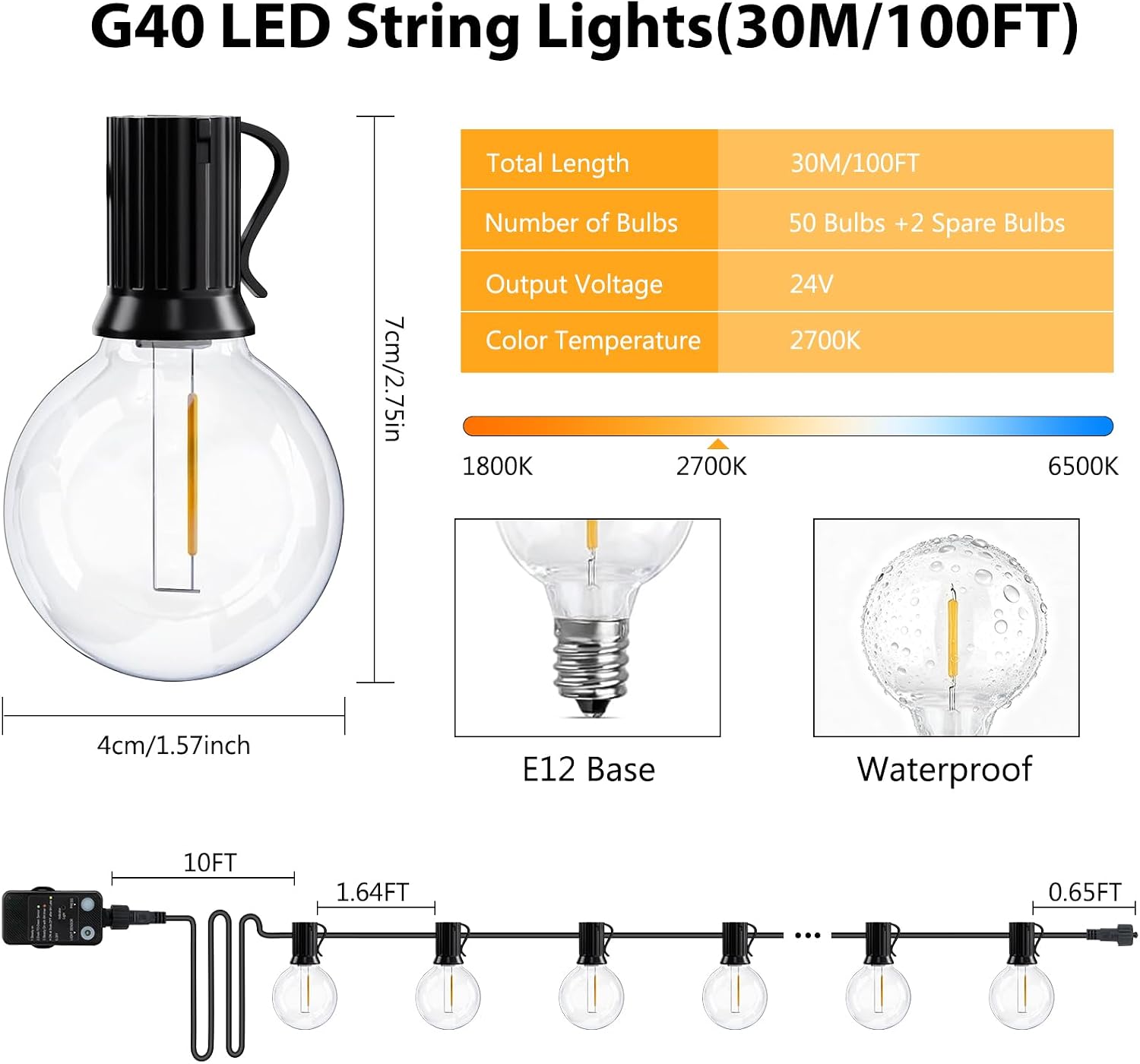 G40 LED Outdoor String Lights, 100FT LED Patio Lights with Light Sensor Timer, 52 Shatterproof Globe Bulbs(2 Spare), Waterproof Connectable Hanging Lights for Backyard Porch Balcony Decor