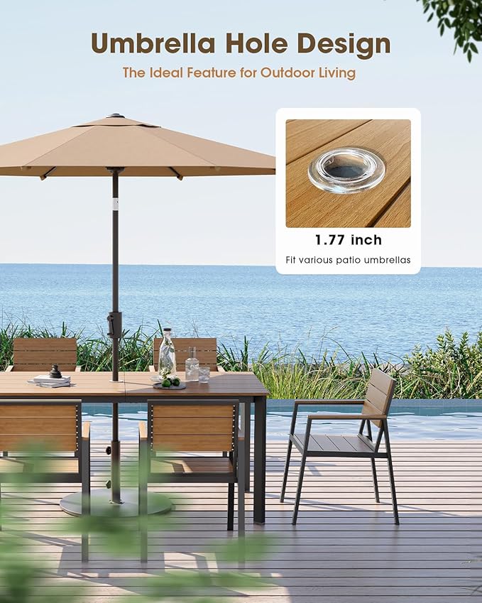 Outdoor Patio Dining Table, Aluminum & HDPS Outdoor Table with Umbrella Hole, All-Weather for Deck, Garden, Lawn, Backyard, Poolside (Gray & Teak)