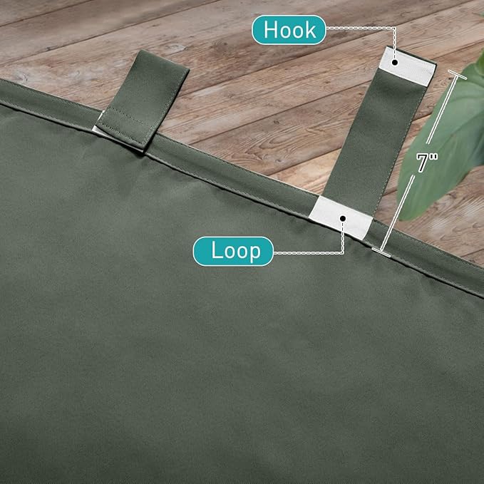 NICETOWN 2 Panels Greyish Green Long Outdoor Curtainss for Patio Waterproof, Detachable Sticky Tab Top Blackout Indoor Outdoor Blinds Heat & Cold Blocking Privacy for Gazebo/Porch, W52 x L108