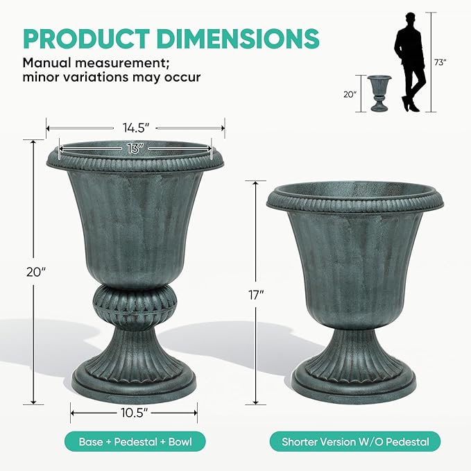 Athena Collection 20''H Bronze Garden Plastic Urn - Vintage Tall Large Planter for Indoor Outdoor Patio Porch, 2 Pieces Flower Pot, Dark Green