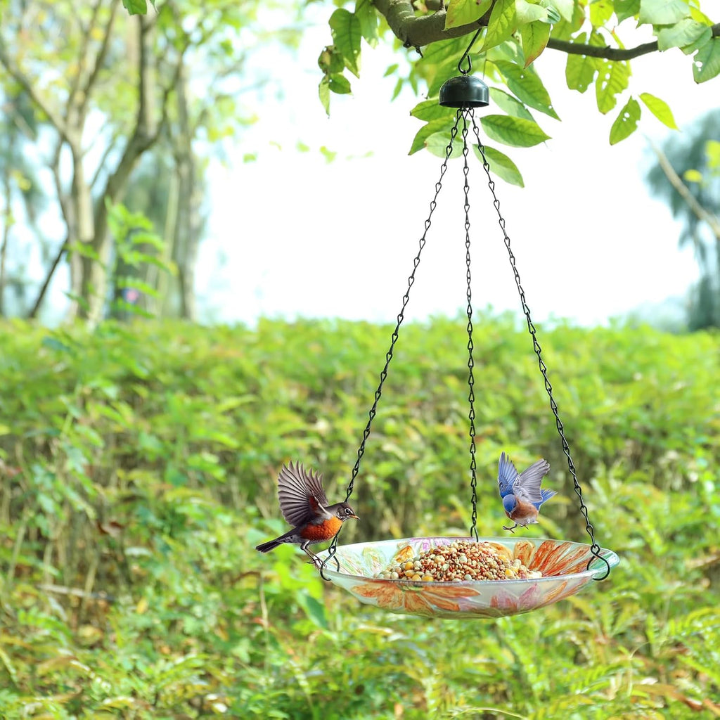 Hanging Bird Bath Outdoors Glass Bird Water Bowl Feeder Garden Decor | 12 Inch Hanging Bird Baths for Outside, Watercolour Daisy Glass Bird Water Bowl Bird Feeders for Garden, Lawn Yard Decor