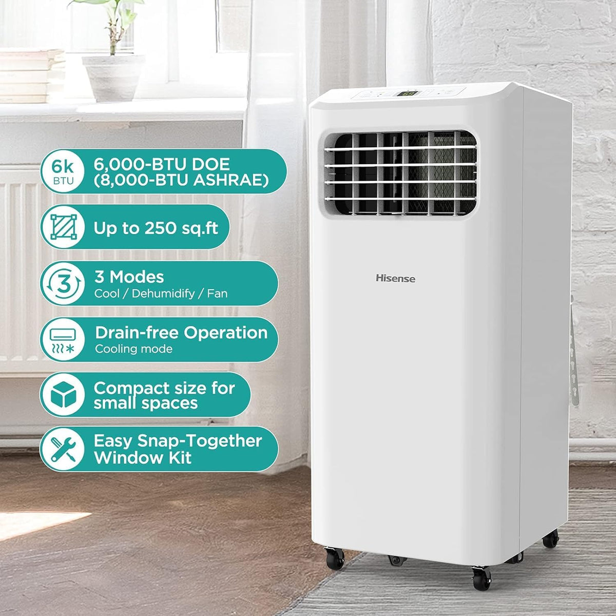 hisense portable air conditioner 6,000 btu cooling dehumidifier, close-up detail