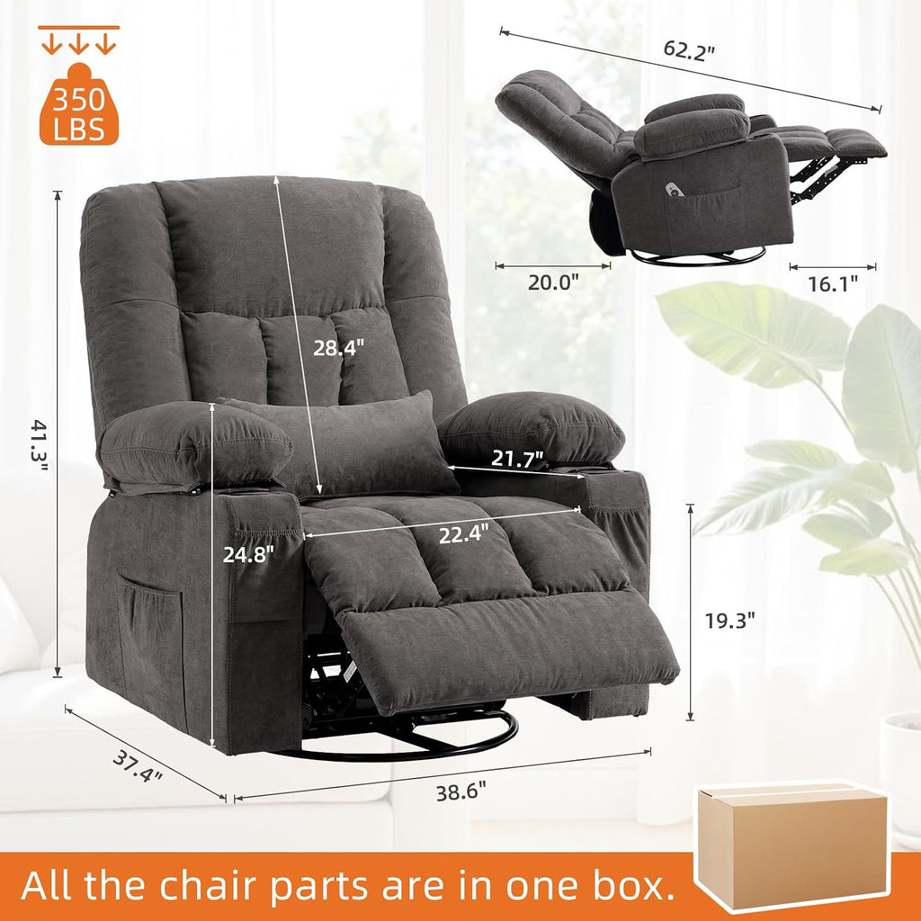 MAHOMICO Rocker Recliner Chair with Massage and Heat | Cup Holders,USB Charging Port,Side Storage Pockets,Soft Armrests,Single Sofa Recliner,for Living Room,Nursery,Bedroom,Grey