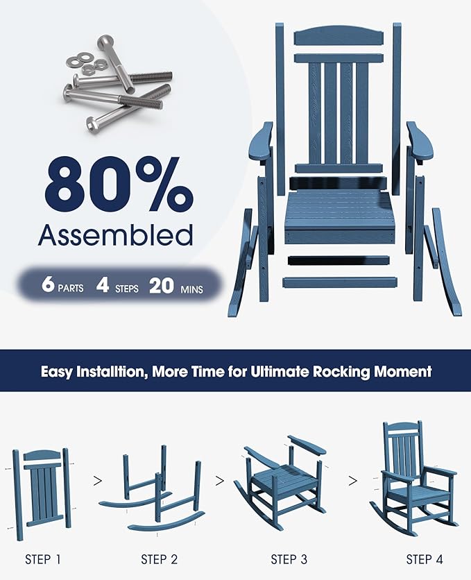 KINGYES HDPE Patio Rocking Chair Set of 2, Outdoor Rocking Chairs Porch Rocker for Adults, Navy